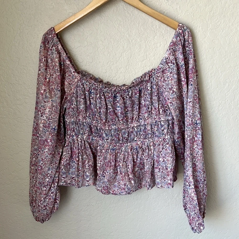 J. Crew floral pink puff sleeve peplum top